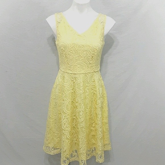 Dressystar Yellow Lace Fit & Flare Dress Women’s Medium Sleeveless V-Neck Summer - Picture 1 of 5